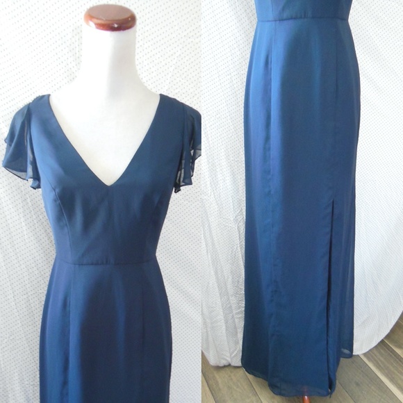 NEW 6810 AFTER SIX Midnight Blue V-Neck Ruffle Sleeve Bridesmaid Evening DRESS 0 - Picture 3 of 13